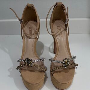 SCHUTZ Tan Heels with Gold and Silver Embellishments